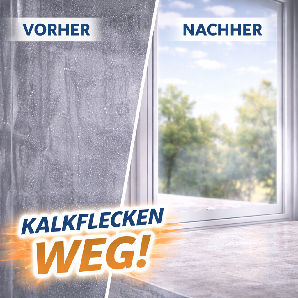 Duschglas mit Kalkflecken und Schlieren im Gegenlicht