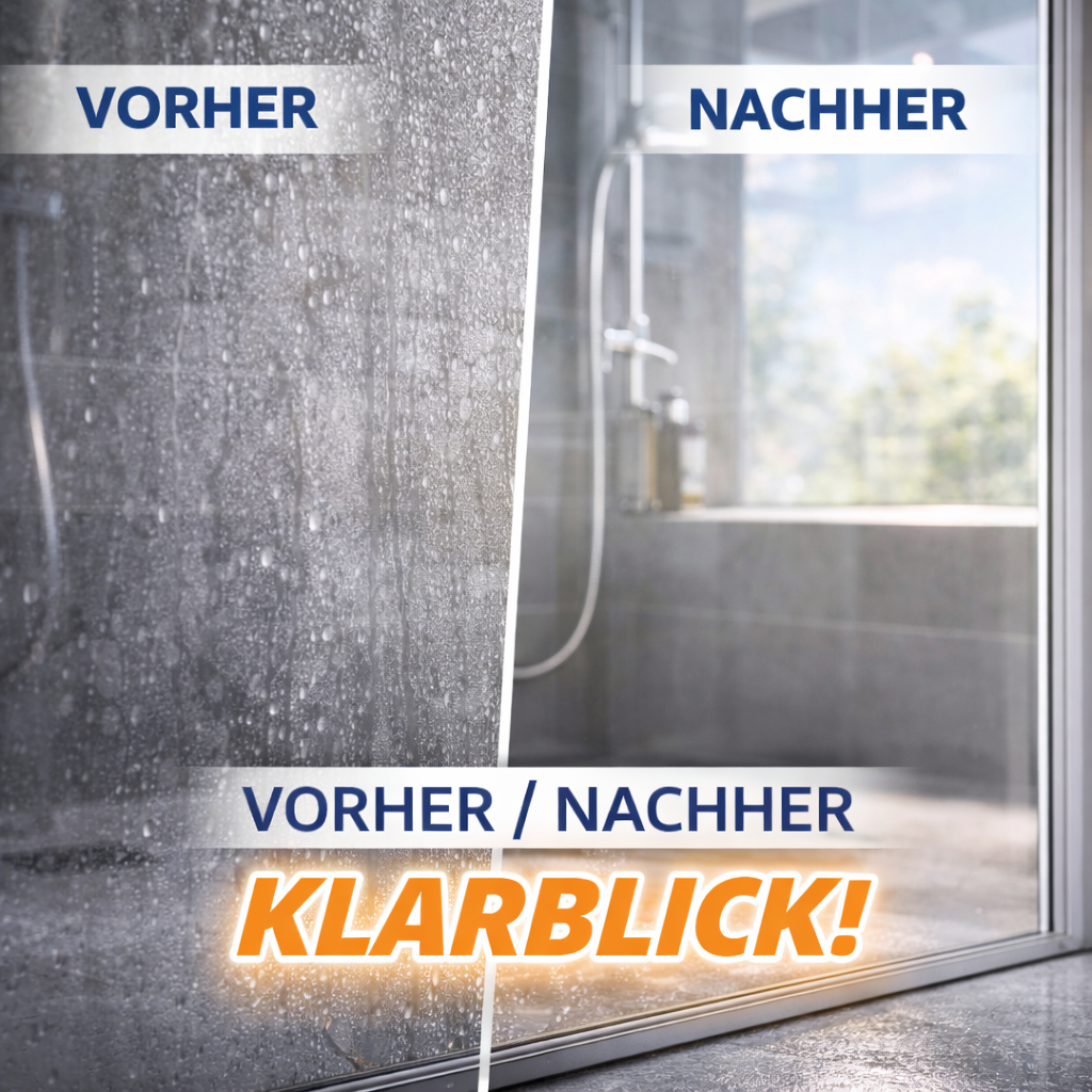 Vorher nachher Vergleich Duschglas mit Kalk und streifenfreiem Ergebnis