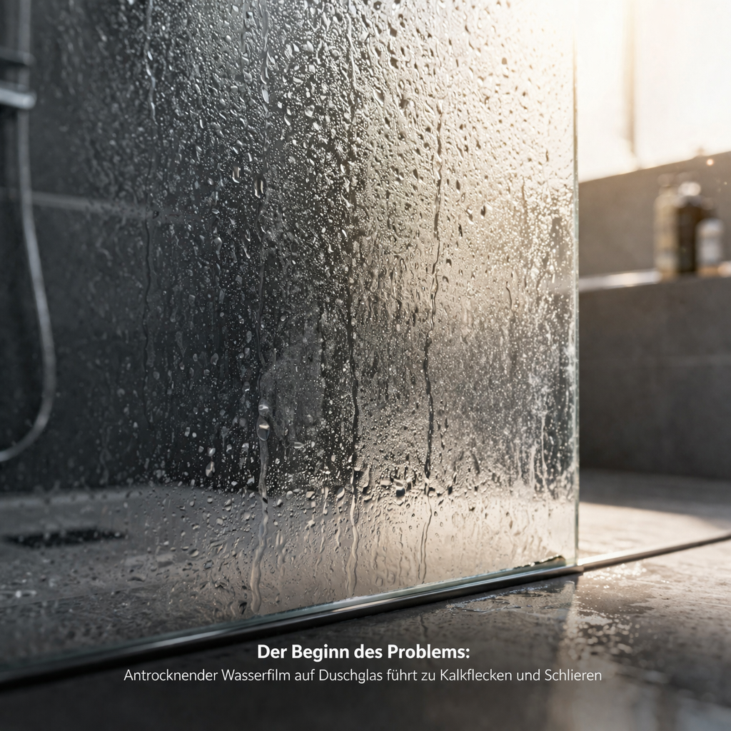 Wasserfilm auf Duschglas als Ursache für spätere Kalkflecken