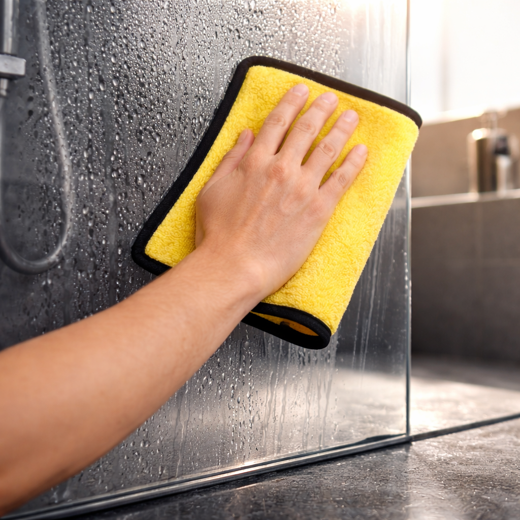 Gelbes Kalktuch mit schwarzem Rand beim Trockenwischen von Duschglas